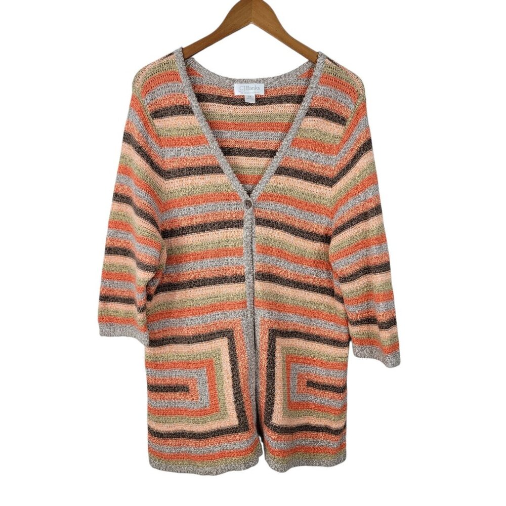 CJ Banks Cardigan Sweater Plus Size 2X Orange Gray Stripe Single Button Fall